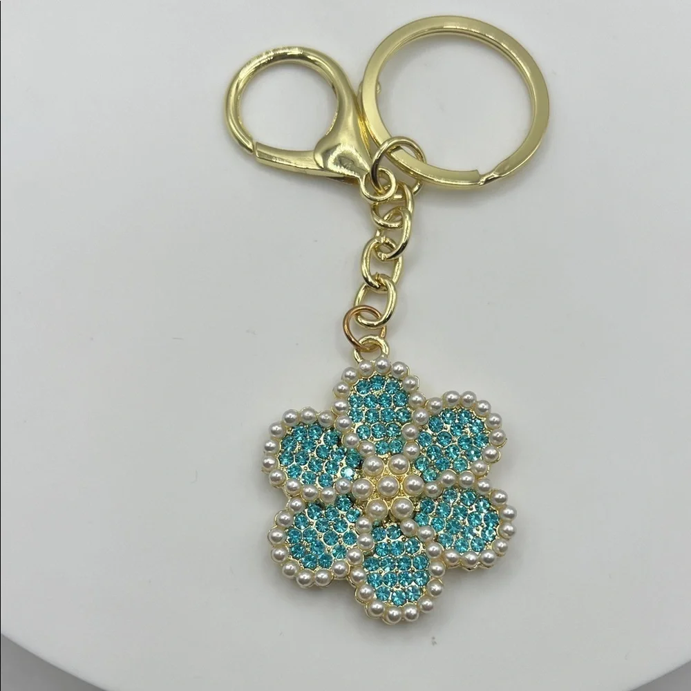 605. Gold and Blue Floral Keychain